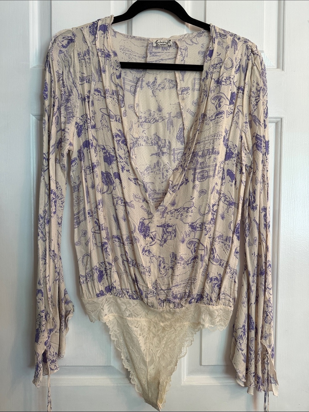 Free People Cream and Lavender Printed Lace-Trim Bodysuit